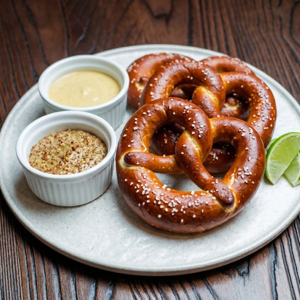 Three salted pretzels with two dipping sauces and lime wedges on a white plate.