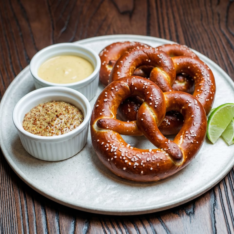 Three salted pretzels with two dipping sauces and lime wedges on a white plate.