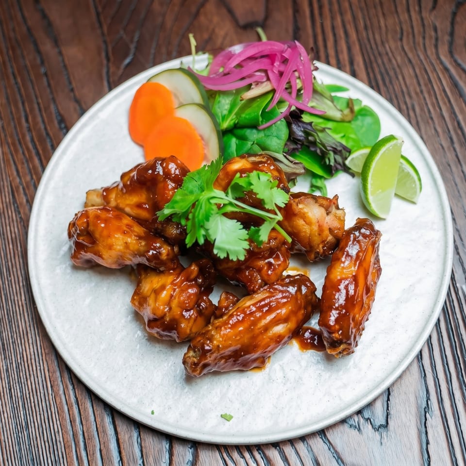 Glazed chicken wings with cilantro, pickled onions, carrots, cucumbers, and lime on a white plate.